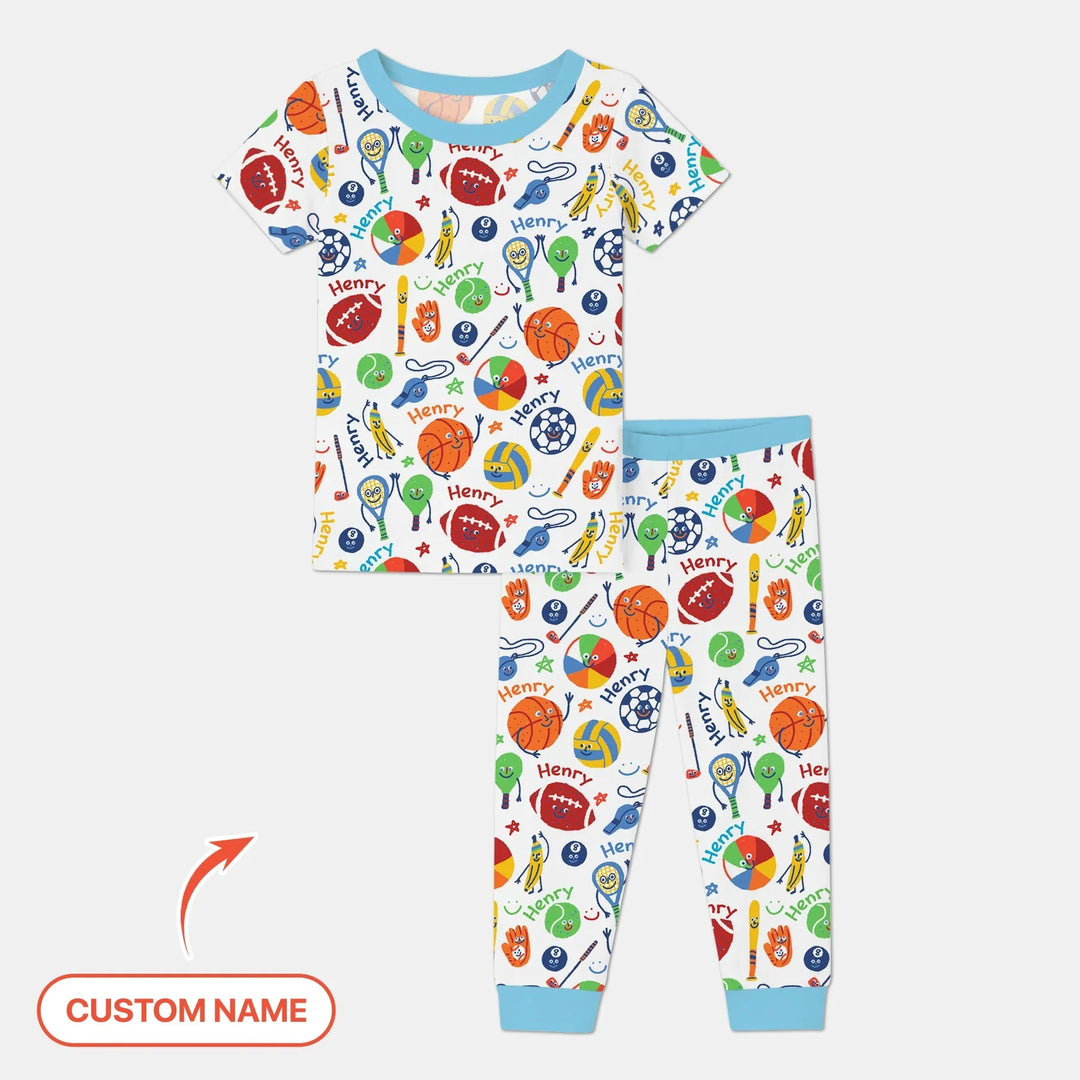 Play Ball Custom Name Bamboo Two Piece Short Sleeve Pajama Set