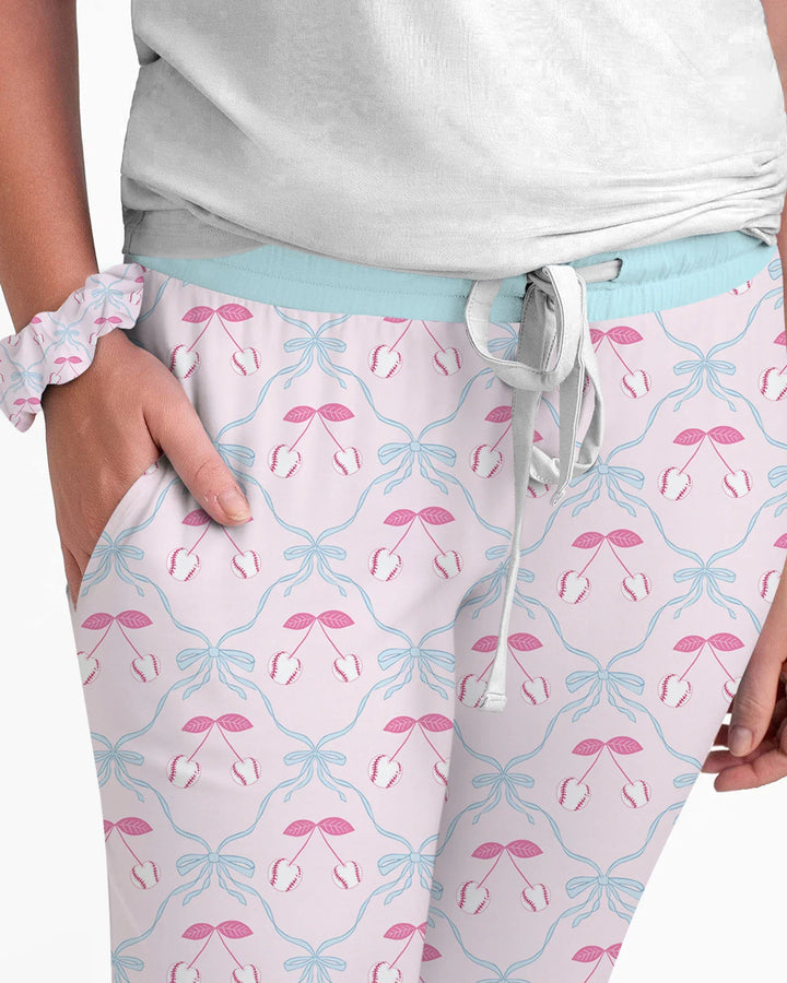 Cherry Baseball Softball Mom and Girl Matching Bamboo Women Pajama Set