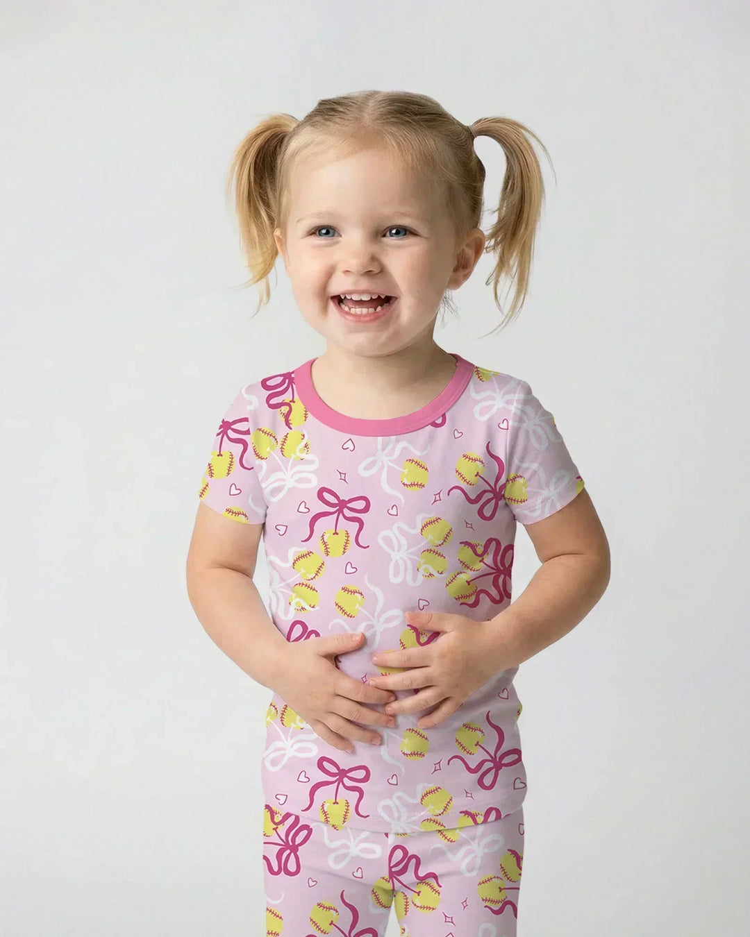 Softball Cherry Mom And Girl Matching Bamboo Two Piece Short Sleeve Pajama Set