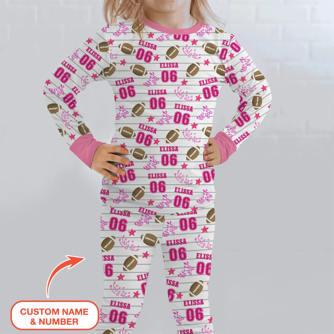 Custom Name Football Time Pink Bamboo Two Piece Long Sleeve Pajama Set