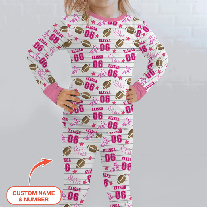 Custom Name Football Time Pink Bamboo Two Piece Long Sleeve Pajama Set