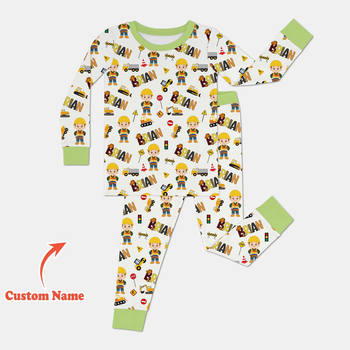 Custom Name Doodle Little Builder Bamboo Two Piece Long Sleeve Pajama Set