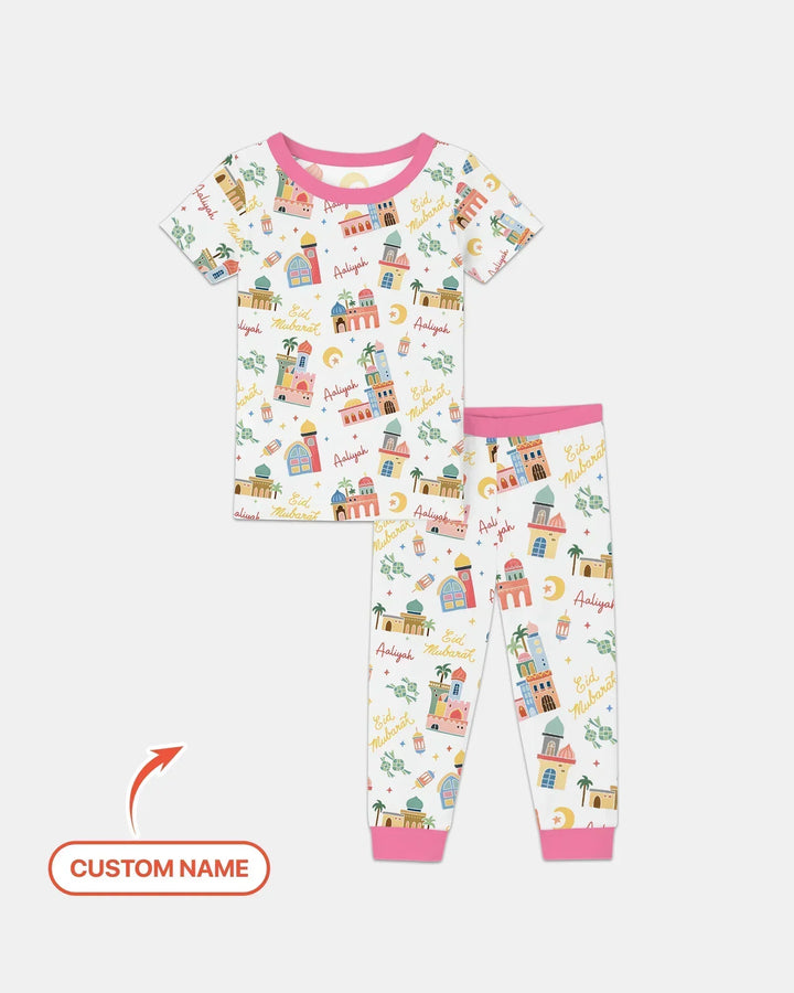 Eid Mubarak Custom Name Bamboo Two Piece Short Sleeve Pajama Set