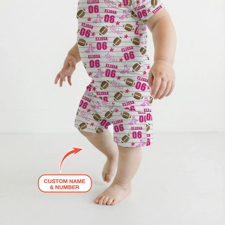 Custom Name Football Time Pink Bamboo Two Piece Short Sleeve Shorts Pajama Set