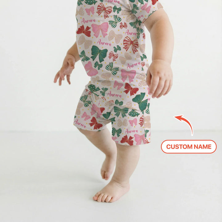 Custom Name Preppy Coquette Bows Bamboo Two Piece Short Sleeve Shorts Pajama Set