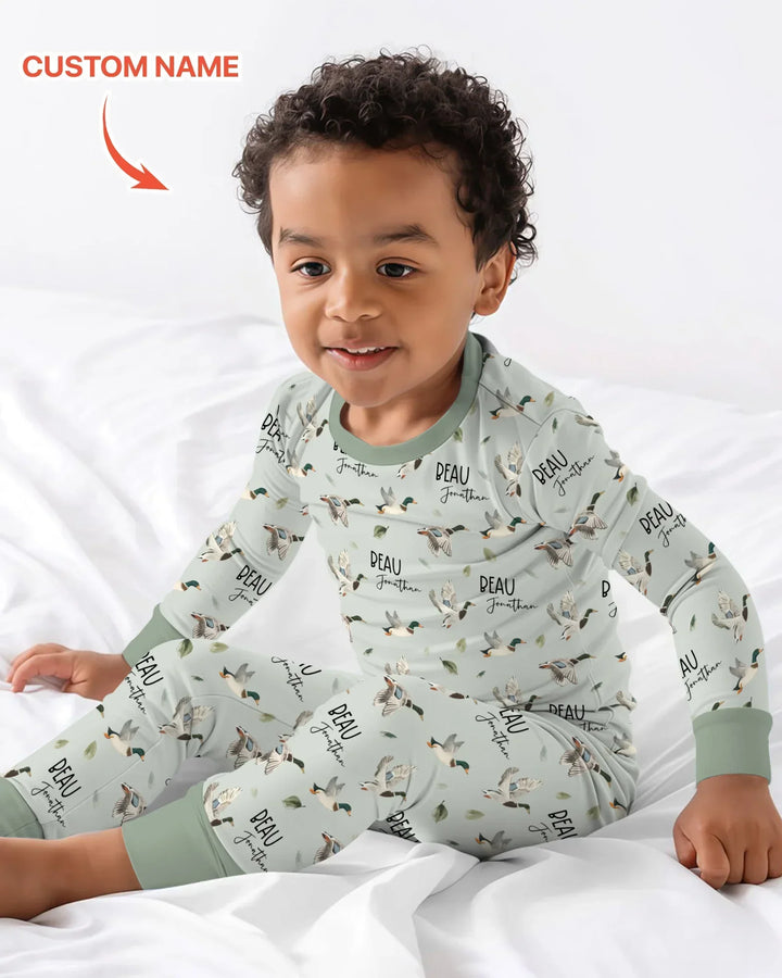 Custom Name Mallard Duck Bamboo Two Piece Long Sleeve Pajama Set
