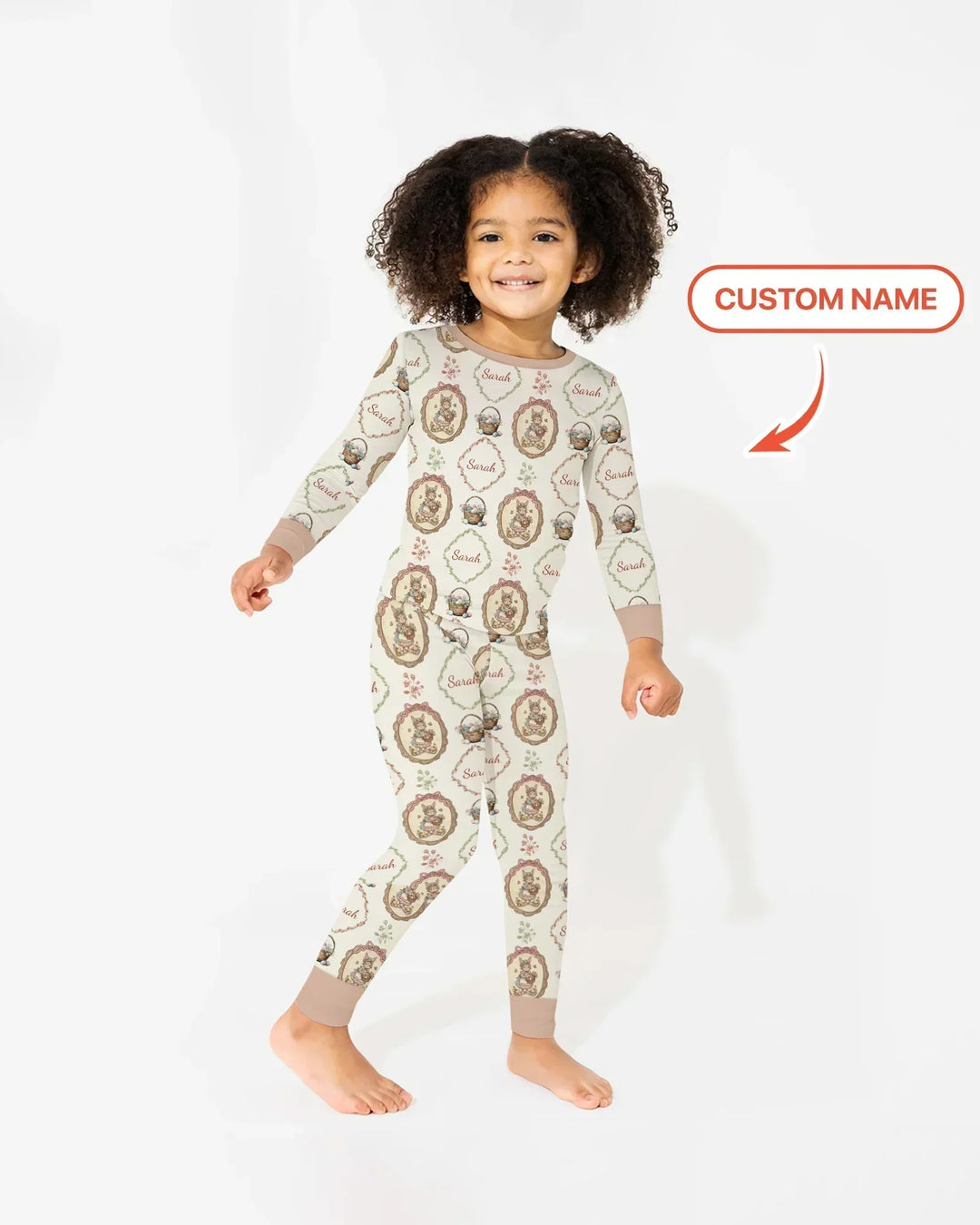 Vintage Bunny Easter Custom Name Mommy & Me Matching Bamboo Two Piece Long Sleeve Pajama Set