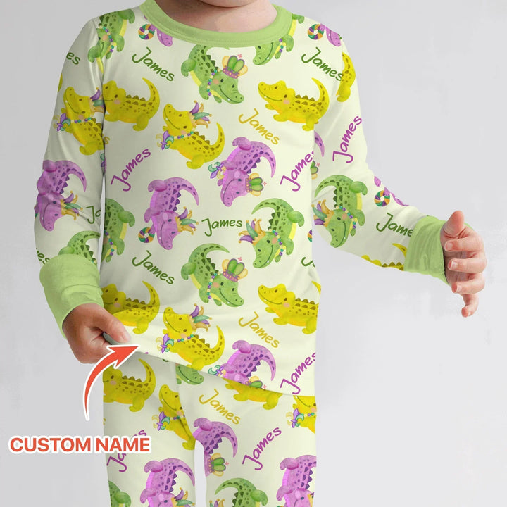 Custom Name Mardi Gras Alligator Bamboo Two Piece Long Sleeve Pajama Set