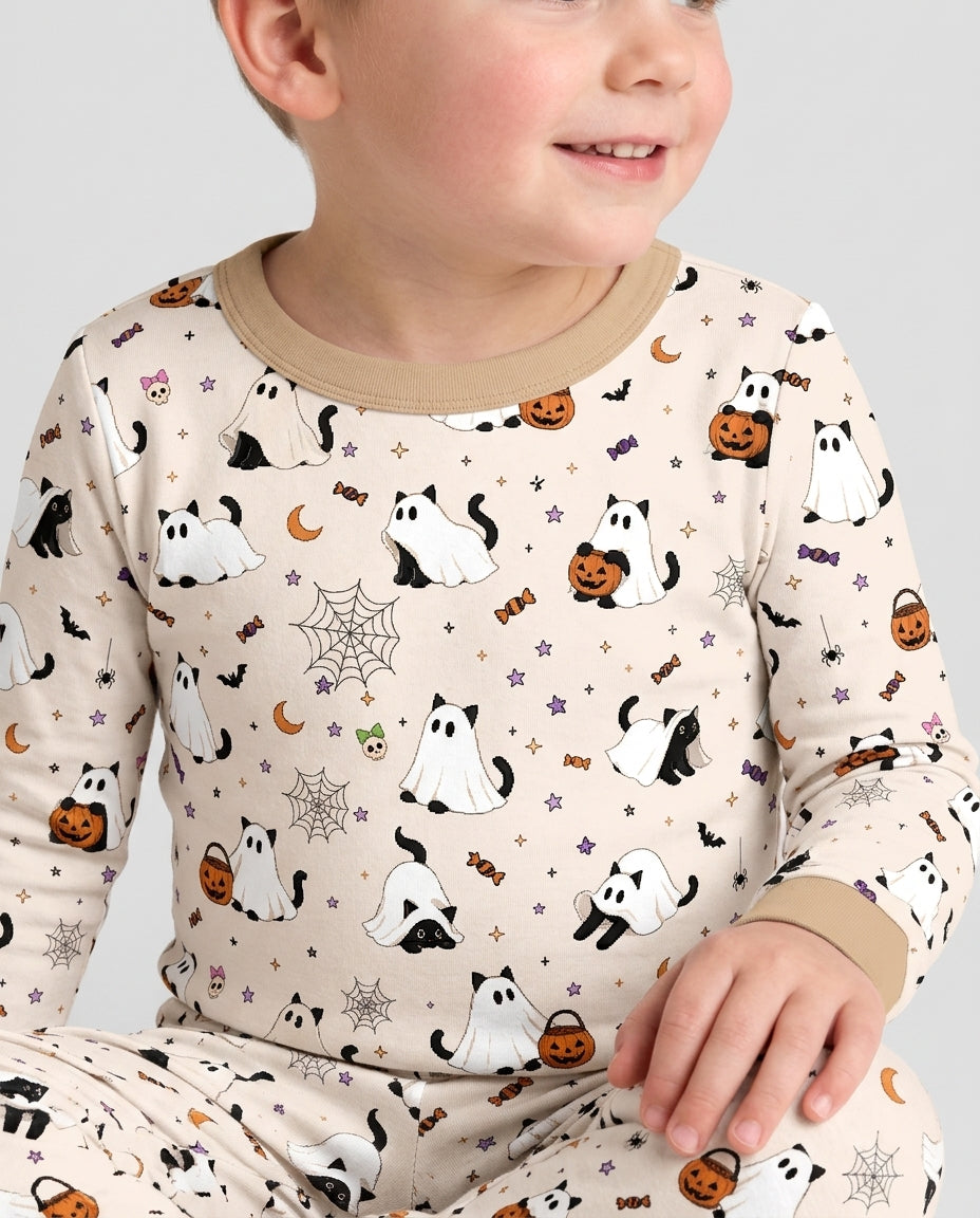 Ghost Cat Vintage Halloween Bamboo Two Piece Long Sleeve Pajama Set