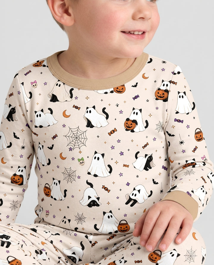 Ghost Cat Vintage Halloween Bamboo Two Piece Long Sleeve Pajama Set