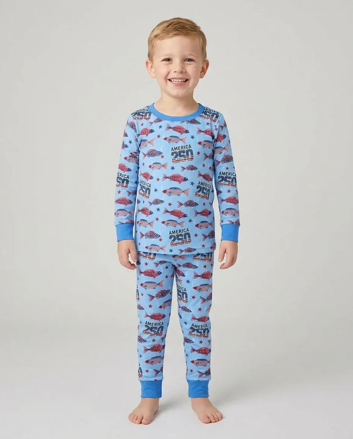 Stars and Stripes Fish Bamboo Two Piece Long Sleeve Pajama Set