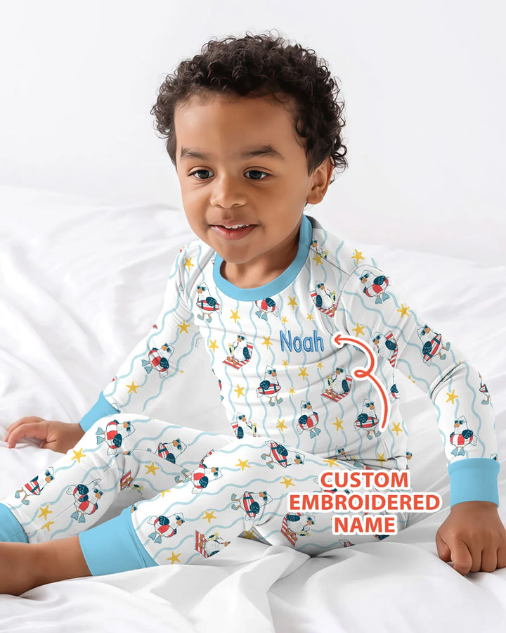 Personalized Embroidered Summer Seagull Baby Bamboo Two Piece Long Sleeve Pajama Set