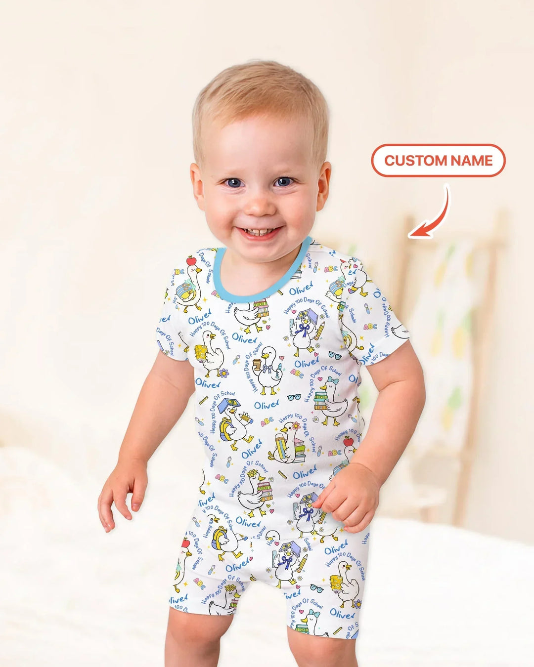 Custom Name Goose Happy 100 Days Of School Bamboo Two Piece Short Sleeve Shorts Pajama Set