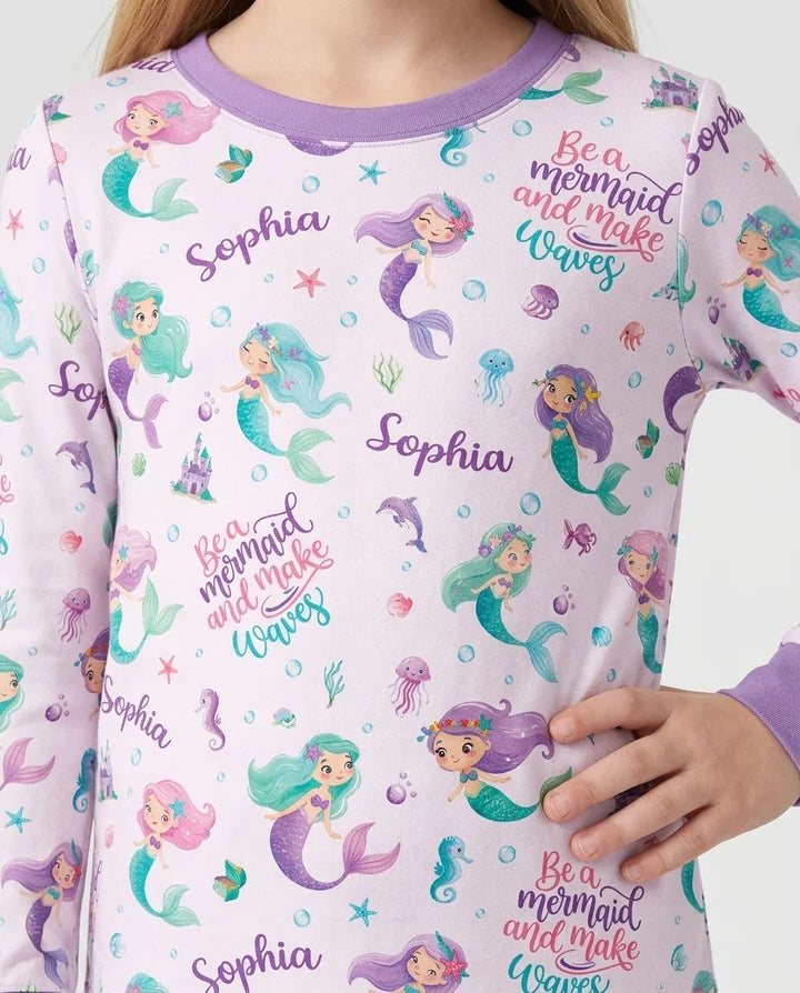 Custom Name Mermaid Make Waves Bamboo Two Piece Long Sleeve Pajama Set