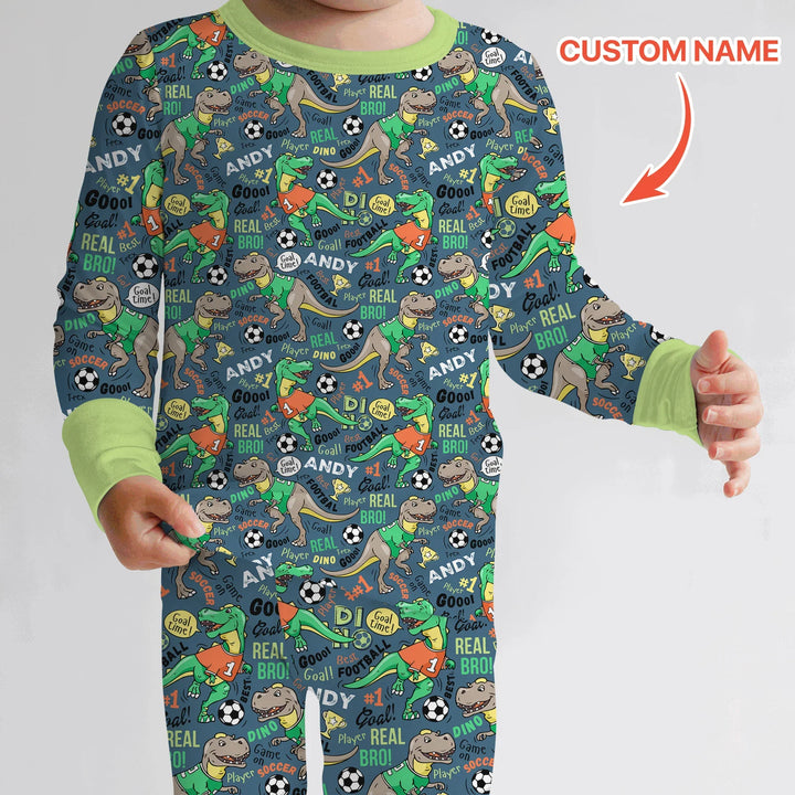 Custom Name Dino Soccer Bamboo Two Piece Long Sleeve Pajama Set