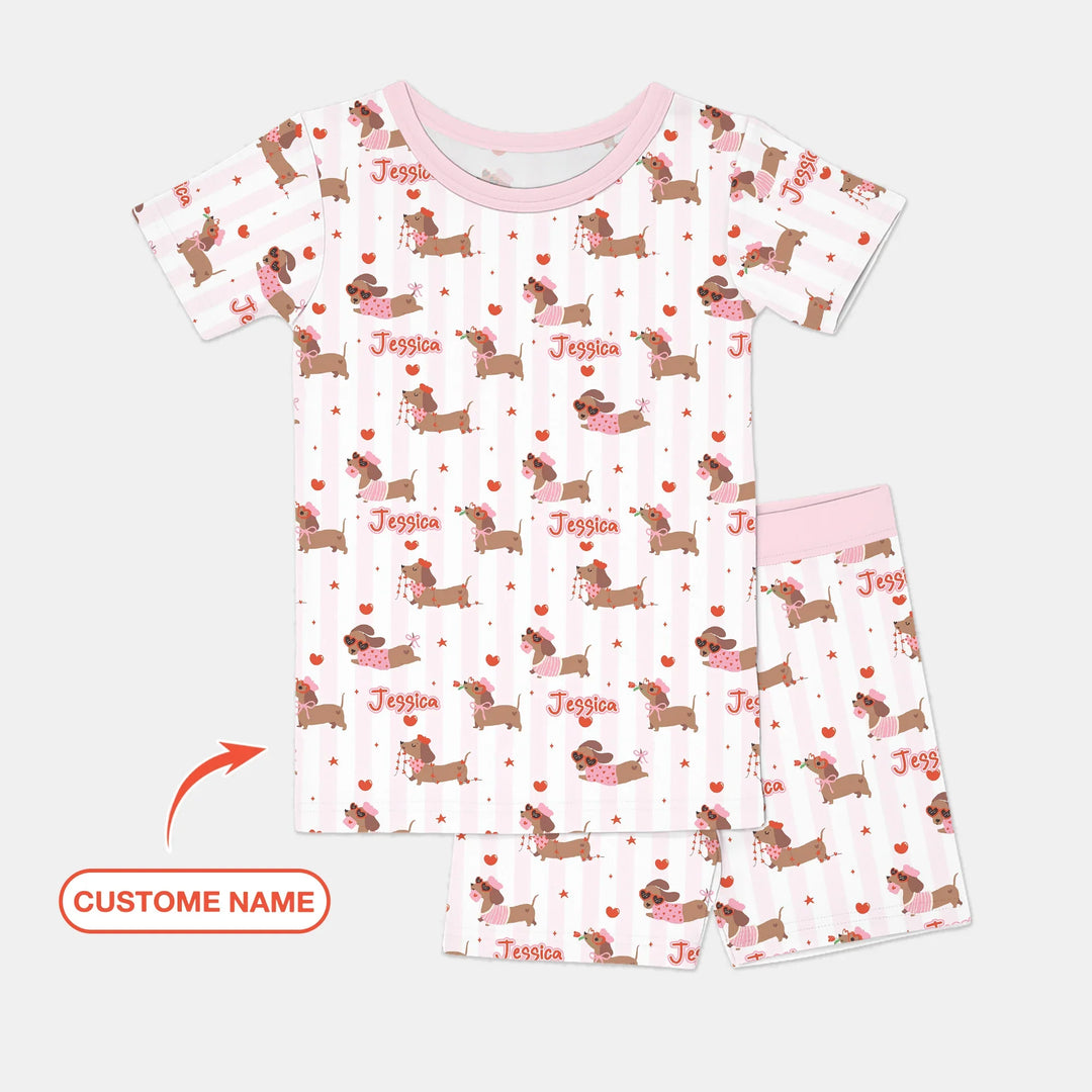 Custom Name Valentine Dachshund Family Matching Bamboo Two Piece Short Sleeve Shorts Pajama Set
