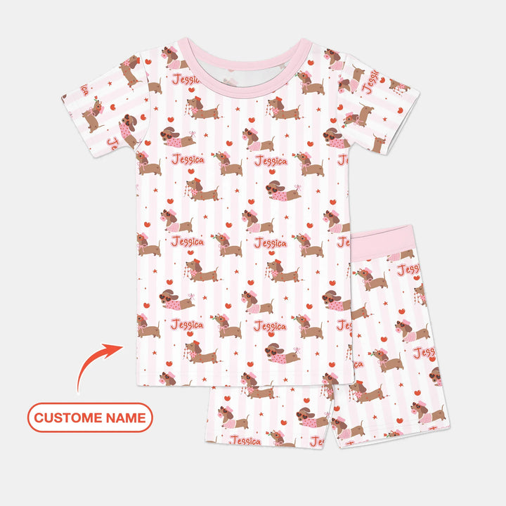 Custom Name Valentine Dachshund Family Matching Bamboo Two Piece Short Sleeve Shorts Pajama Set