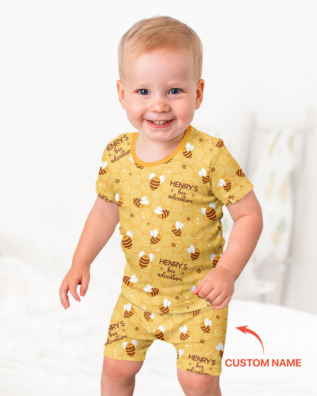 Custom Name Bee Back To School Bamboo Two Piece Short Sleeve Shorts Pajama Set