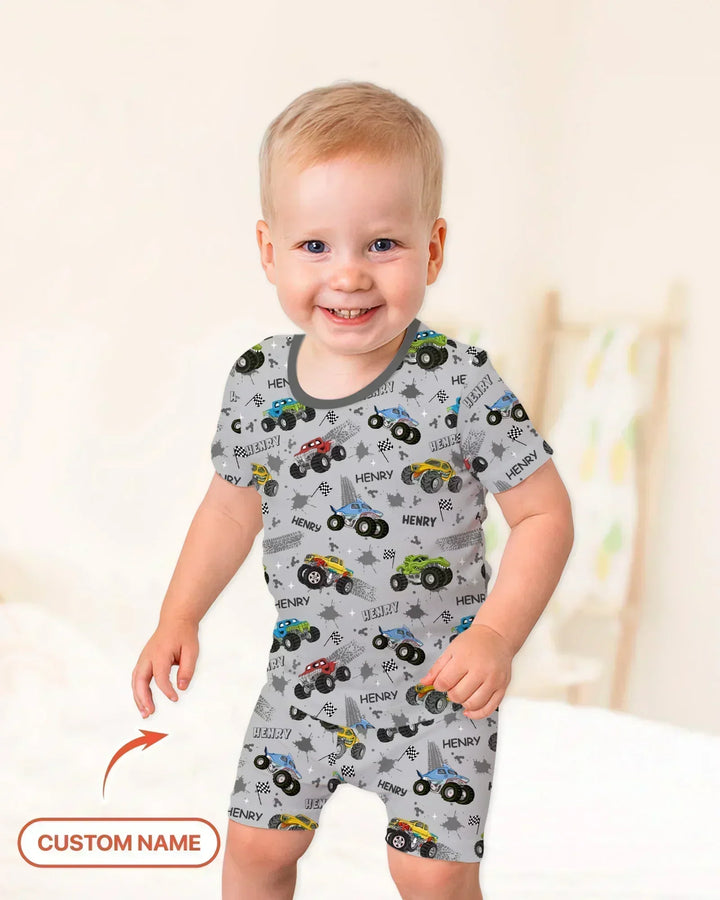 Monster Truck Dirt Jam Custom Name Daddy & Me Matching Bamboo Two Piece Short Sleeve Shorts Pajama Set