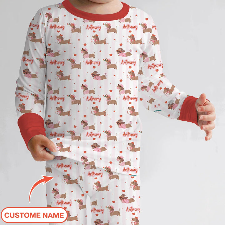 Custom Name Valentine Dachshund Family Matching Bamboo Two Piece Long Sleeve Pajama Set