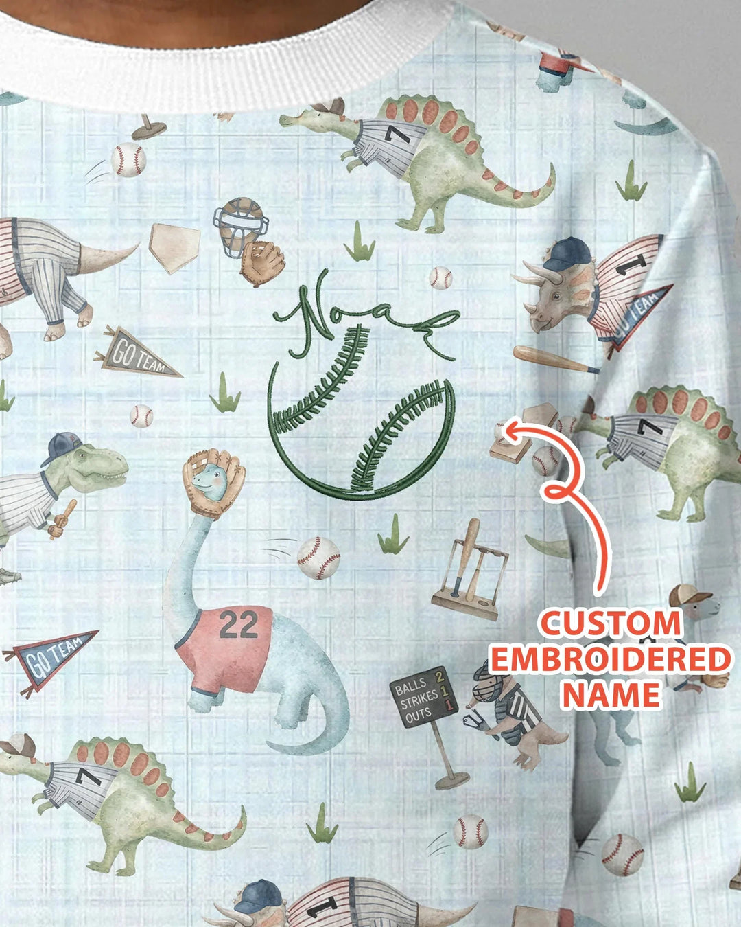 Custom Embroidered Dinosaurs Baseball  Bamboo Crewneck Sweatshirt