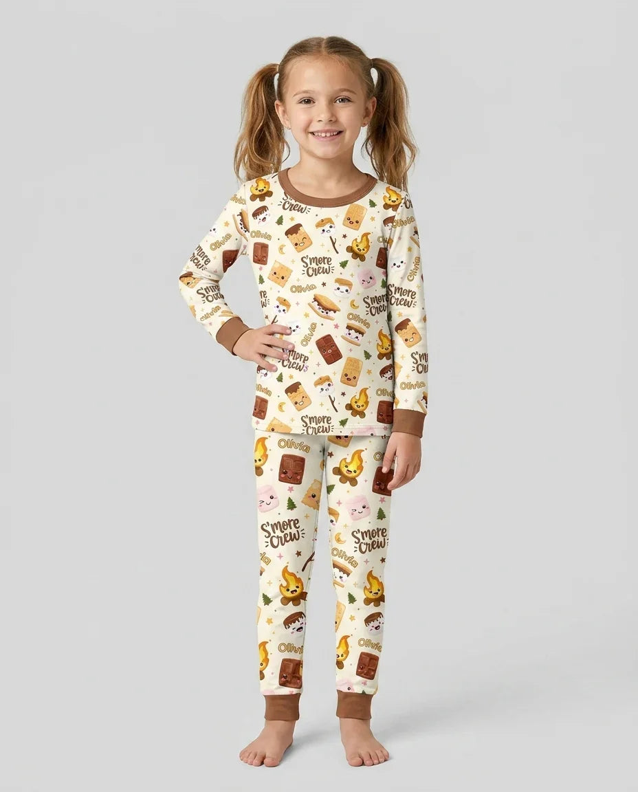 Custom Name Kawaii S'more Crew Family Matching Bamboo Two Piece Long Sleeve Pajama Set