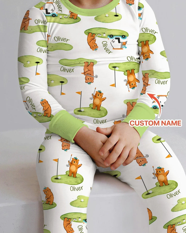 Custom Name Little Bear Golf Club Bamboo Two Piece Long Sleeve Pajama Set