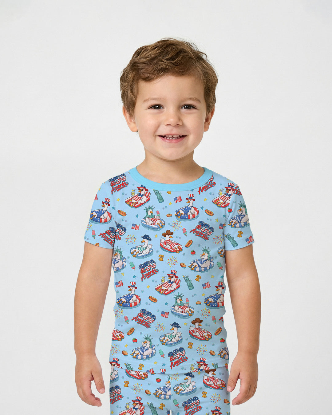 250 America Patriotic Goose Family Matching Bamboo Two Piece Short Sleeve Pajama Set