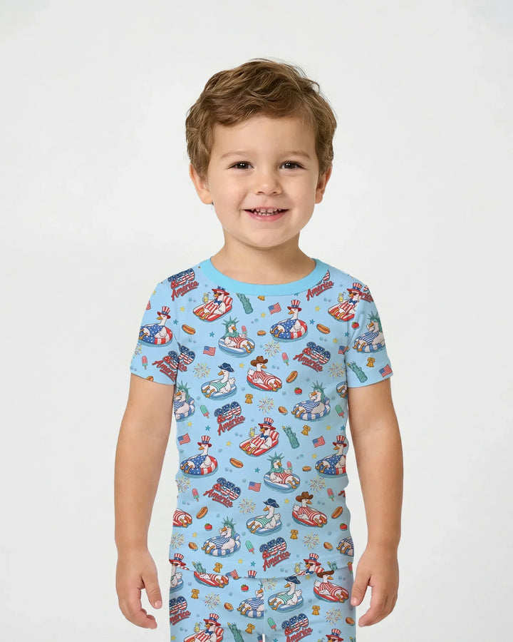 250 America Patriotic Goose Family Matching Bamboo Two Piece Short Sleeve Pajama Set