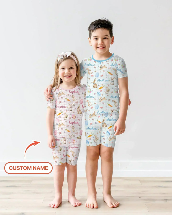 Custom Name Bunny Garden Bamboo Two Piece Short Sleeve Shorts Pajama Set