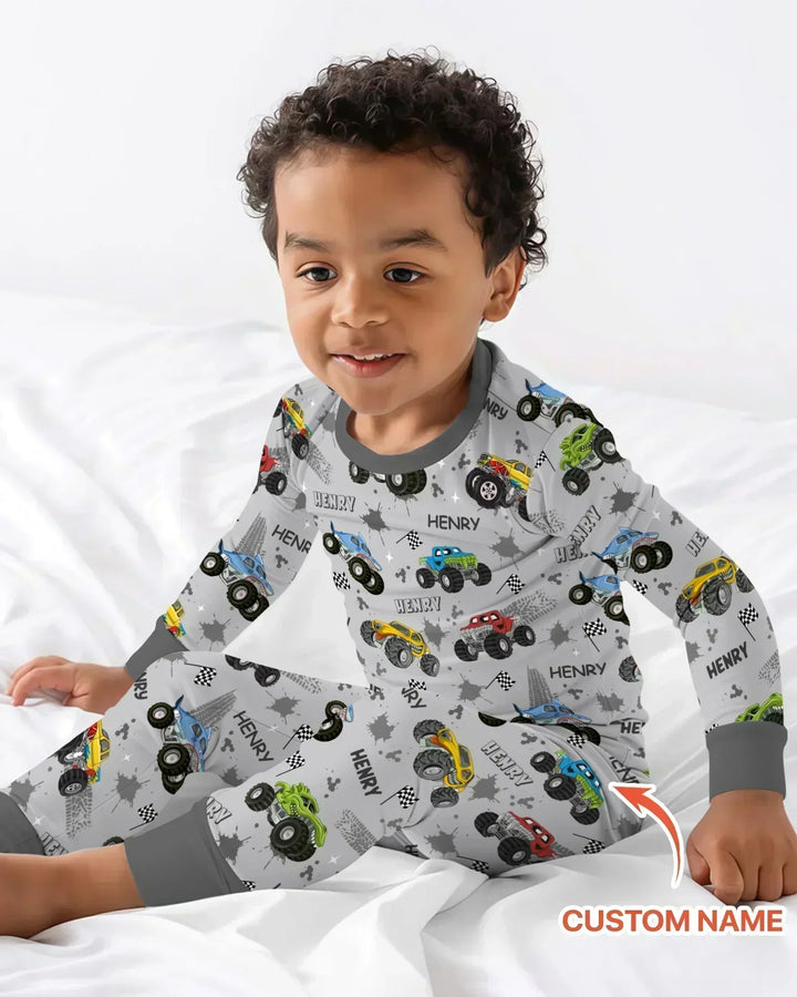 Monster Truck Dirt Jam Custom Name Daddy & Me Matching Bamboo Two Piece Long Sleeve Pajama Set