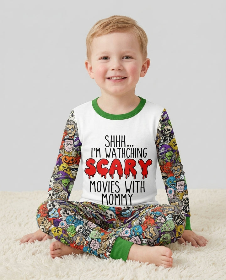 Personalized Shhh... I'm Watching Scary Movies With MOMMY Bamboo Two Piece Long Sleeve Pajama Set