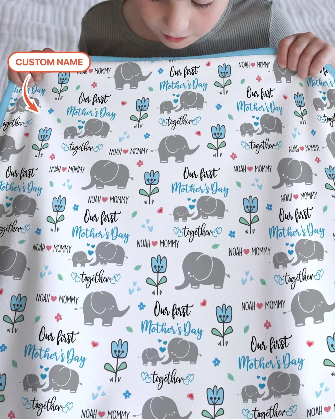 Custom Name Elephant Our First Mother's Day Bamboo Blanket