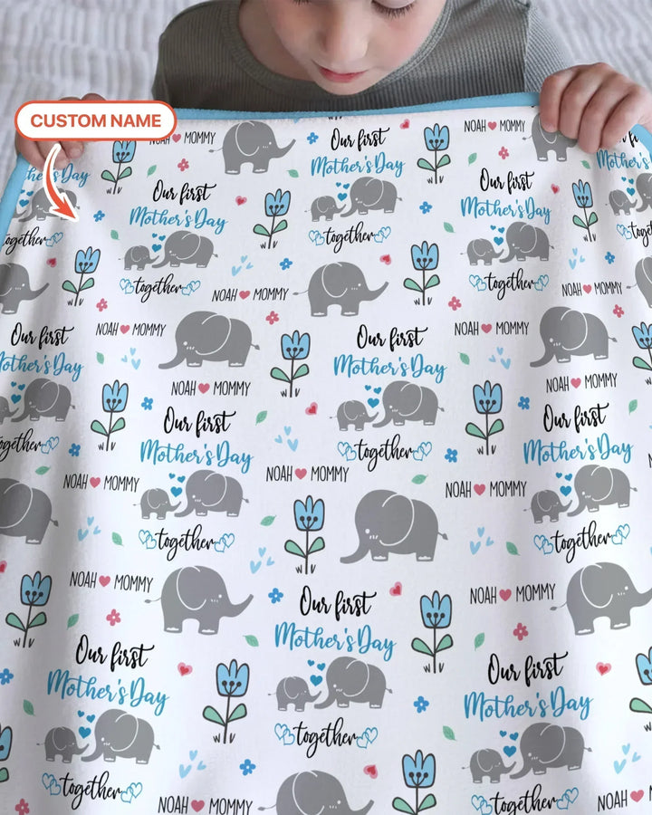 Custom Name Elephant Our First Mother's Day Bamboo Blanket