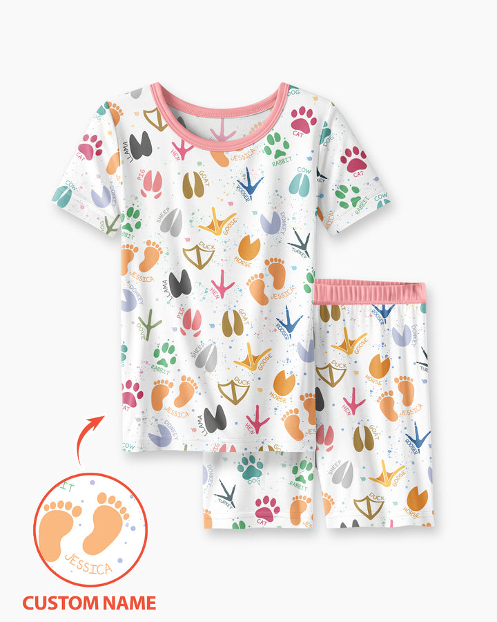 Cute Farm Animal Tracks Custom Name Bamboo Two Piece Short Sleeve Shorts Pajama Set