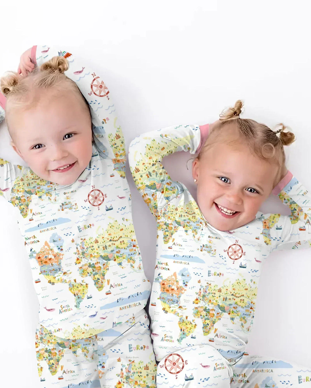 Whimsical World Map Family Matching Bamboo Two Piece Long Sleeve Pajama Set