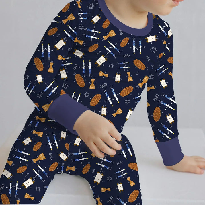 Shabbat Shalom Family Matching Bamboo Two Piece Long Sleeve Pajama Set