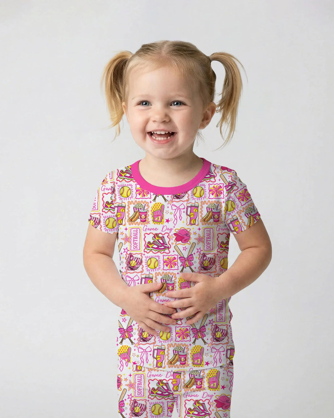Pink Softball Game Day Bamboo Two Piece Short Sleeve Pajama Set