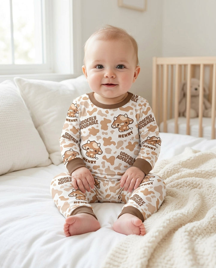 Udderly Adorable Custom Name Bamboo Two Piece Long Sleeve Pajama Set