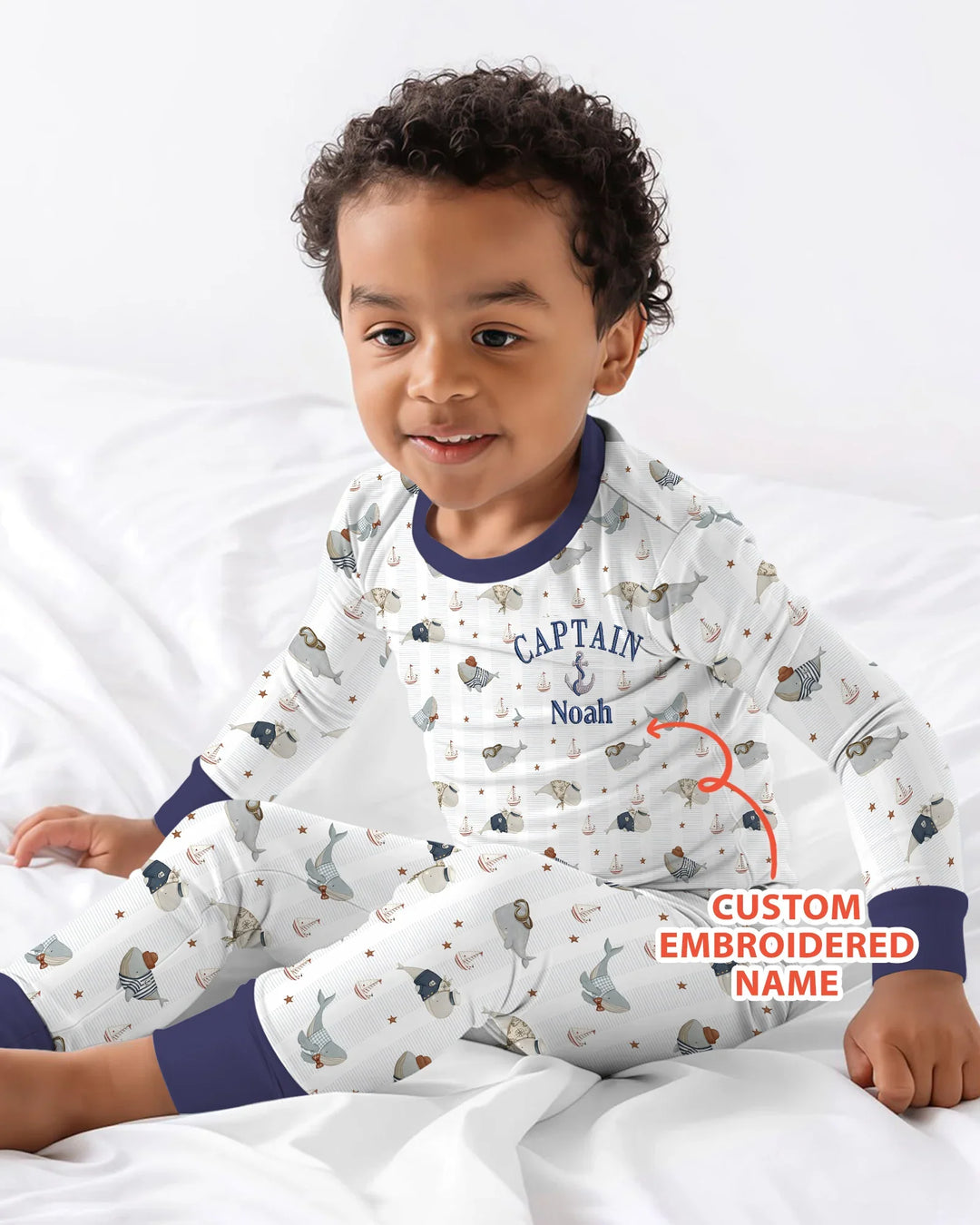 Custom Embroidered Name Little Captain of the Whale Crew Bamboo Two Piece Long Sleeve Pajama Set