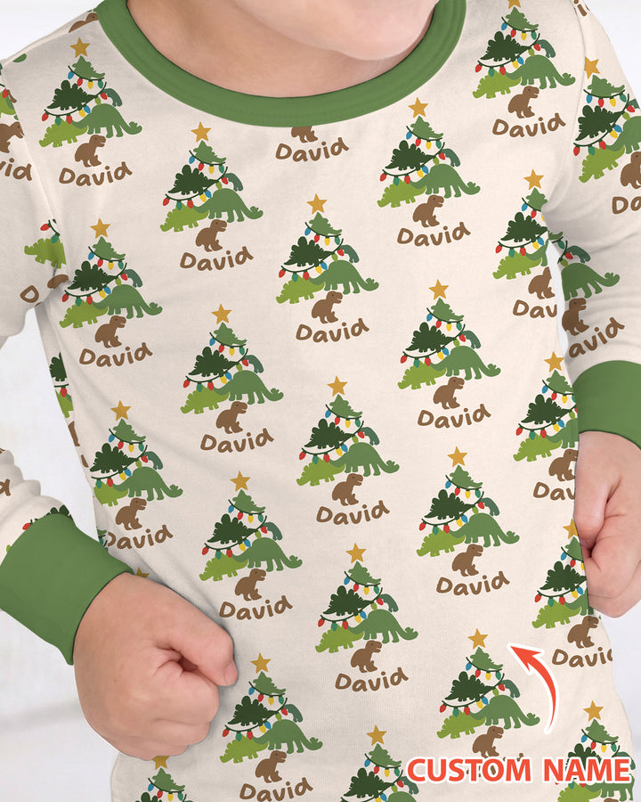 Dino Christmas Tree Bamboo Two Piece Long Sleeve Pajama Set