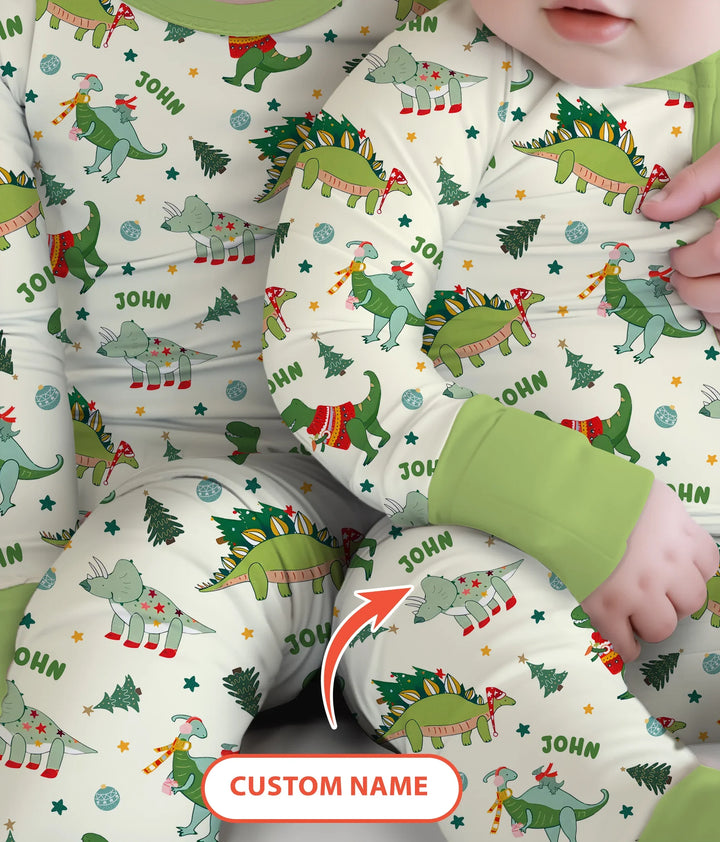 Custom Name Dinosaurs Christmas Tree Bamboo Two Piece Long Sleeve Pajama Set