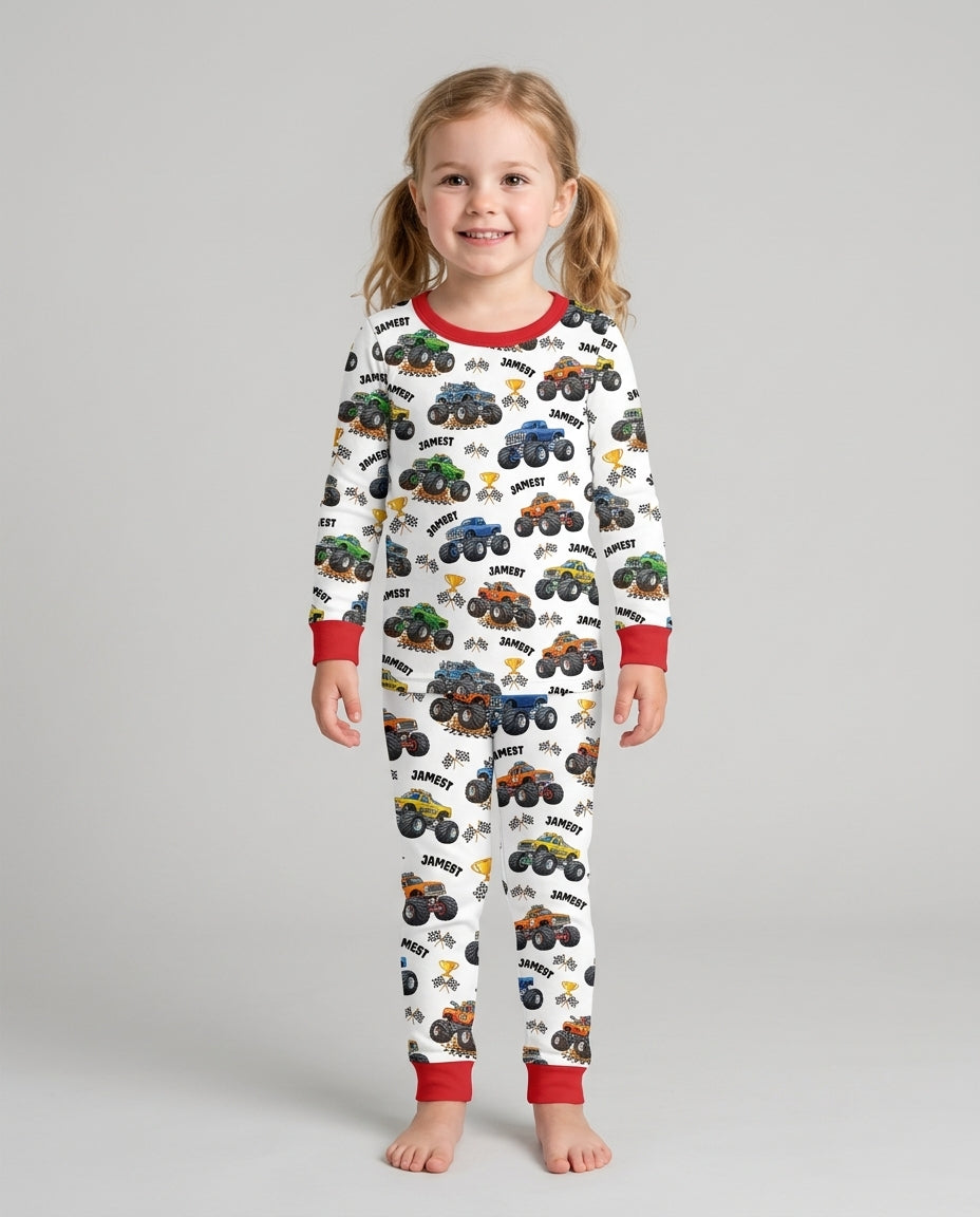 Custom Name Monster Trucks Bamboo Two Piece Long Sleeve Pajama Set