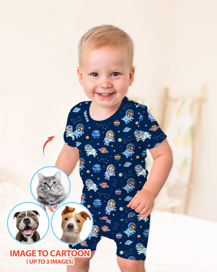 Astronaut Custom Pet Image Family Matching Bamboo Two Piece Short Sleeve Shorts Pajama Set