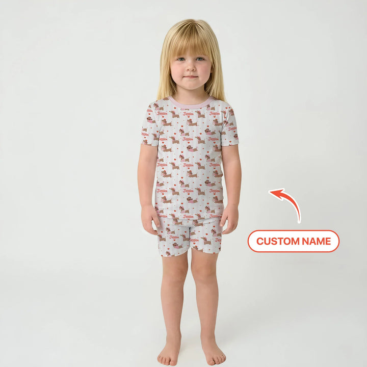 Custom Name Valentine Dachshund Family Matching Bamboo Two Piece Short Sleeve Shorts Pajama Set