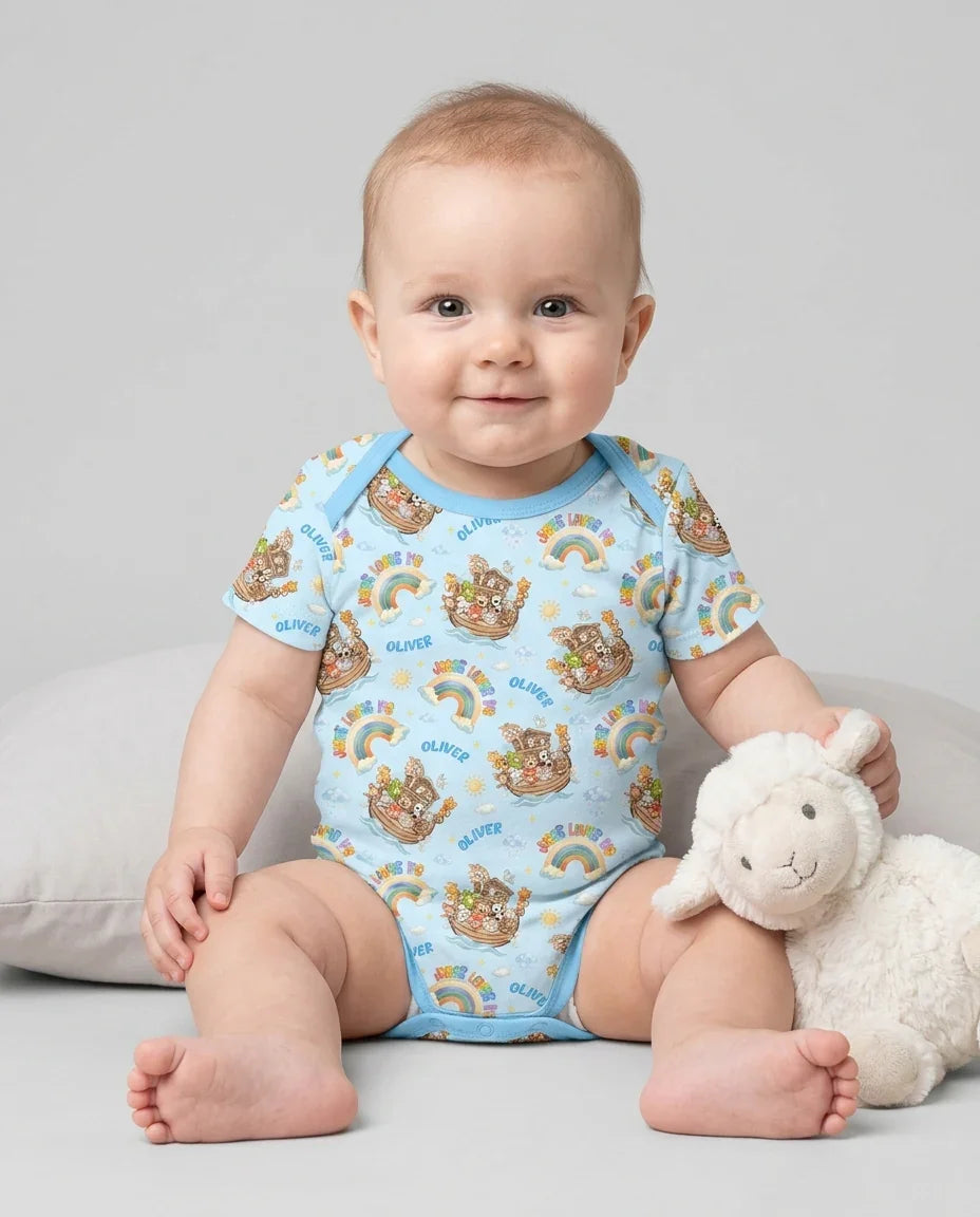 Custom Name Jesus Loves Me Noah's Ark Bamboo Bodysuit