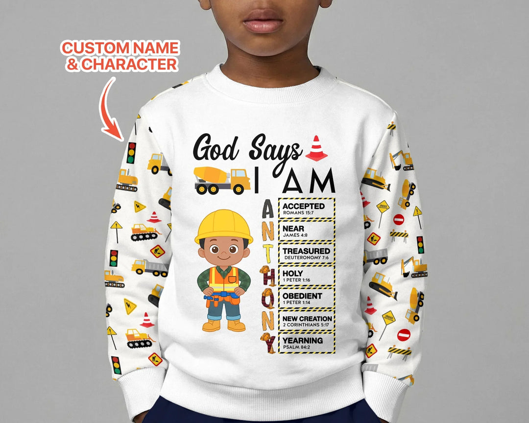 Custom Name God Says I Am Little Builder Letter in Bible Bamboo Crewneck Sweatshirt