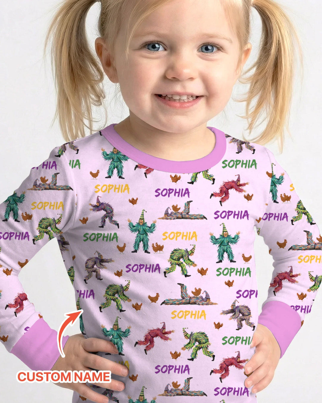 Custom Name Mardi Gras Chicken Chase Family Matching Bamboo Two Piece Long Sleeve Pajama Set