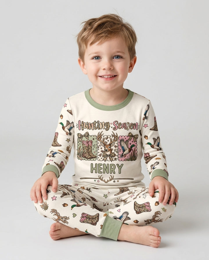 Custom Name Preppy Camo Bow  Bamboo Two Piece Long Sleeve Pajama Set