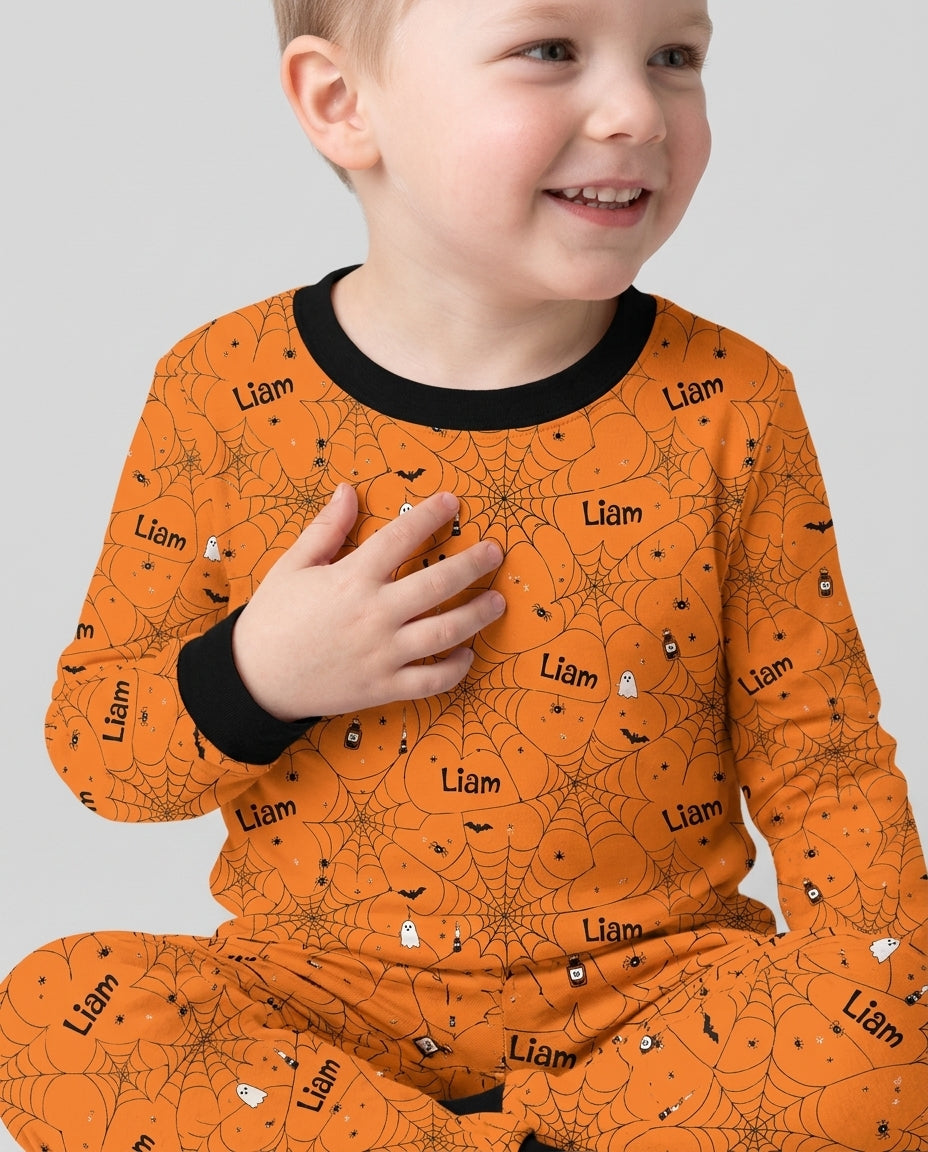 Spooky Spider Web Halloween Custom Name Bamboo Two Piece Long Sleeve Pajama Set